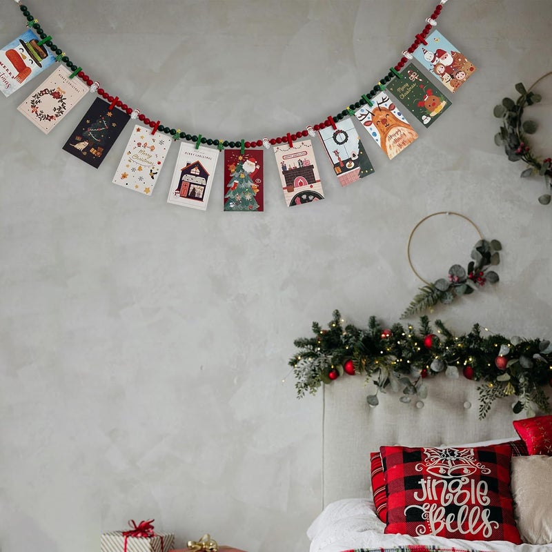 Kintyno Christmas Hanging Photo Display with 11 Clips, Wooden Beaded Christmas Tree Santa Wreath, Boho Collage Photo Frame Decoration for Dorm Room, Classroom, Bedroom - Image 2